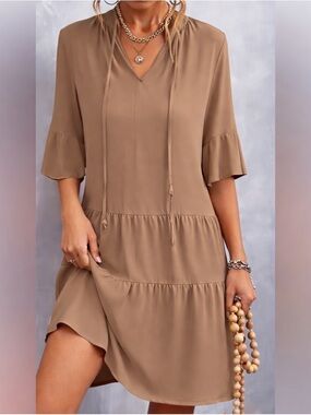 Floral Blooming Brown Boho Tiered Dress Tie Neck Flowy Minimalist